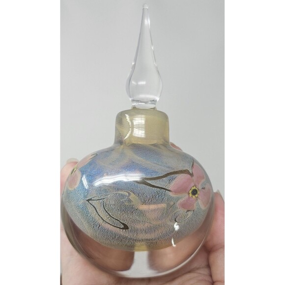 Vintage Vandermark Blue Art Glass Floral Perfume Bottle Signed And Numbered 5.5" - Picture 4 of 12